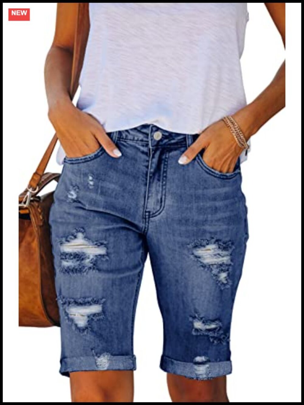 Ripped Denim Jean Shorts Mid Waist Stretchy Casual Summer Women's Bermuda